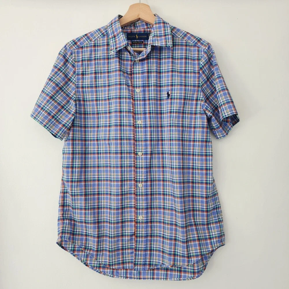 Ralph Lauren Natural Stretch blue plaid short sleeve button front shirt xl 18-20